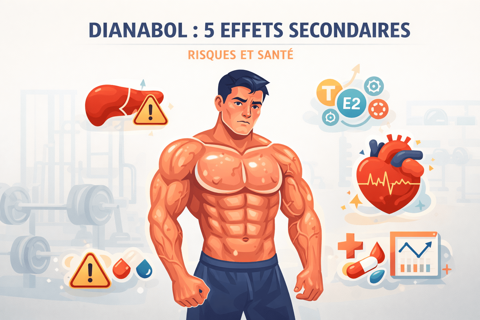 Illustration vectorielle Corporate Memphis montrant un bodybuilder en salle de sport avec symboles médicaux représentant les effets secondaires du Dianabol sur le foie, le cœur et l’équilibre hormonal.