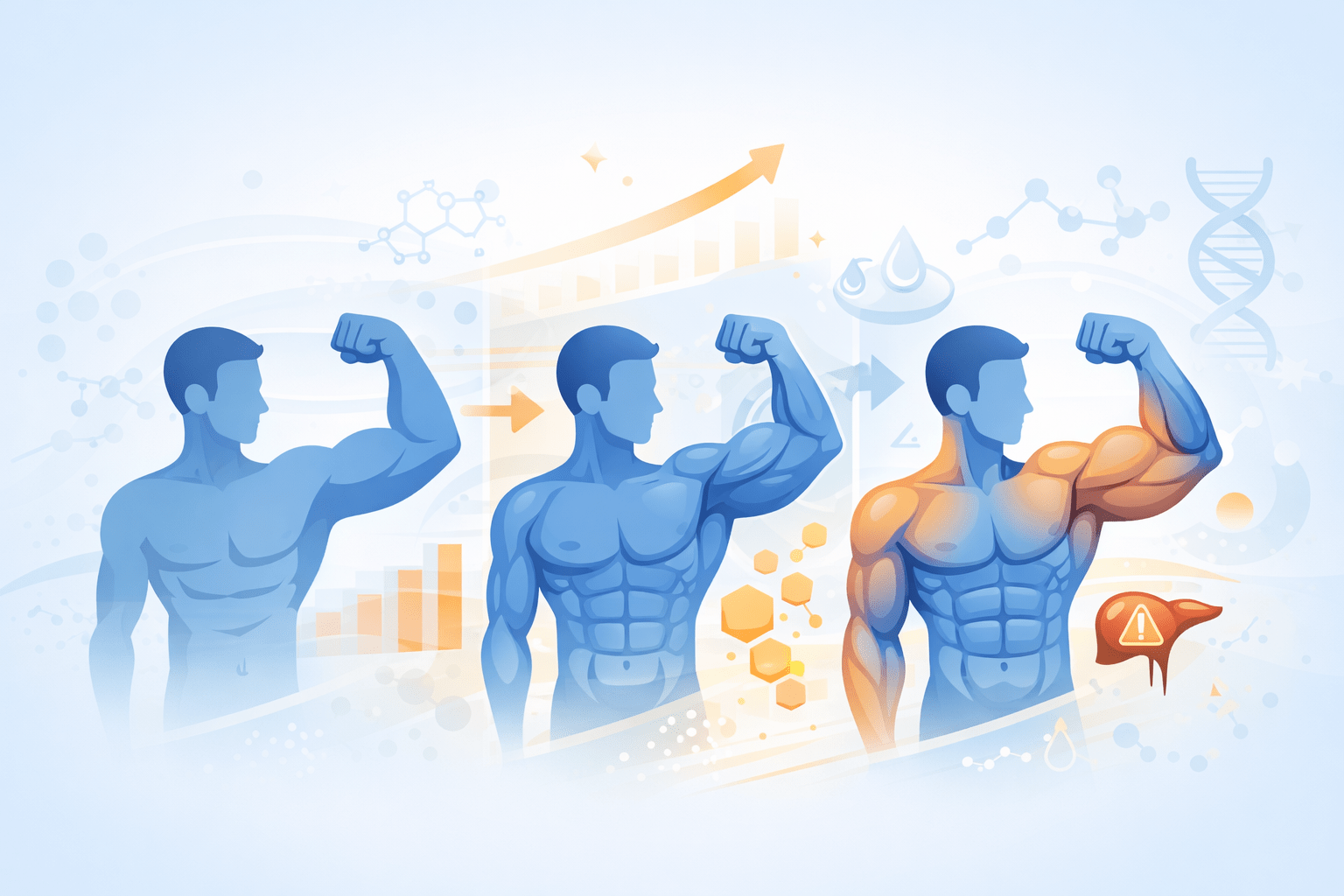 Illustration vectorielle montrant une progression visuelle de volume musculaire et de force associée au Dianabol, avec éléments scientifiques et avertissement sur les risques.