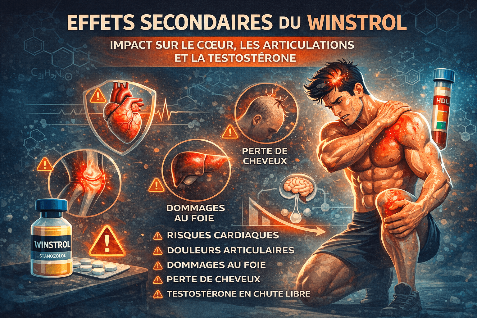 Illustration vectorielle montrant un bodybuilder sec avec douleurs articulaires et icônes de cœur, foie, testostérone basse, cholestérol et chute de cheveux pour représenter les effets secondaires du Winstrol