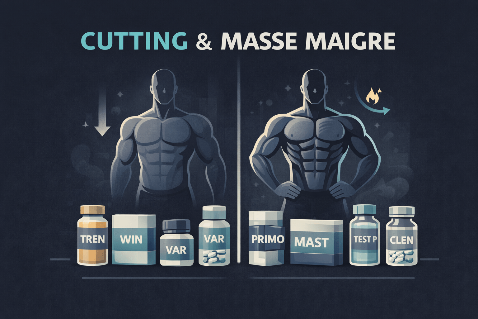 Illustration vectorielle montrant un physique masculin plus sec et défini avec des vials marqués TREN, WIN, VAR, PRIMO, MAST, TEST P et CLEN pour représenter le cutting et la préservation de la masse musculaire