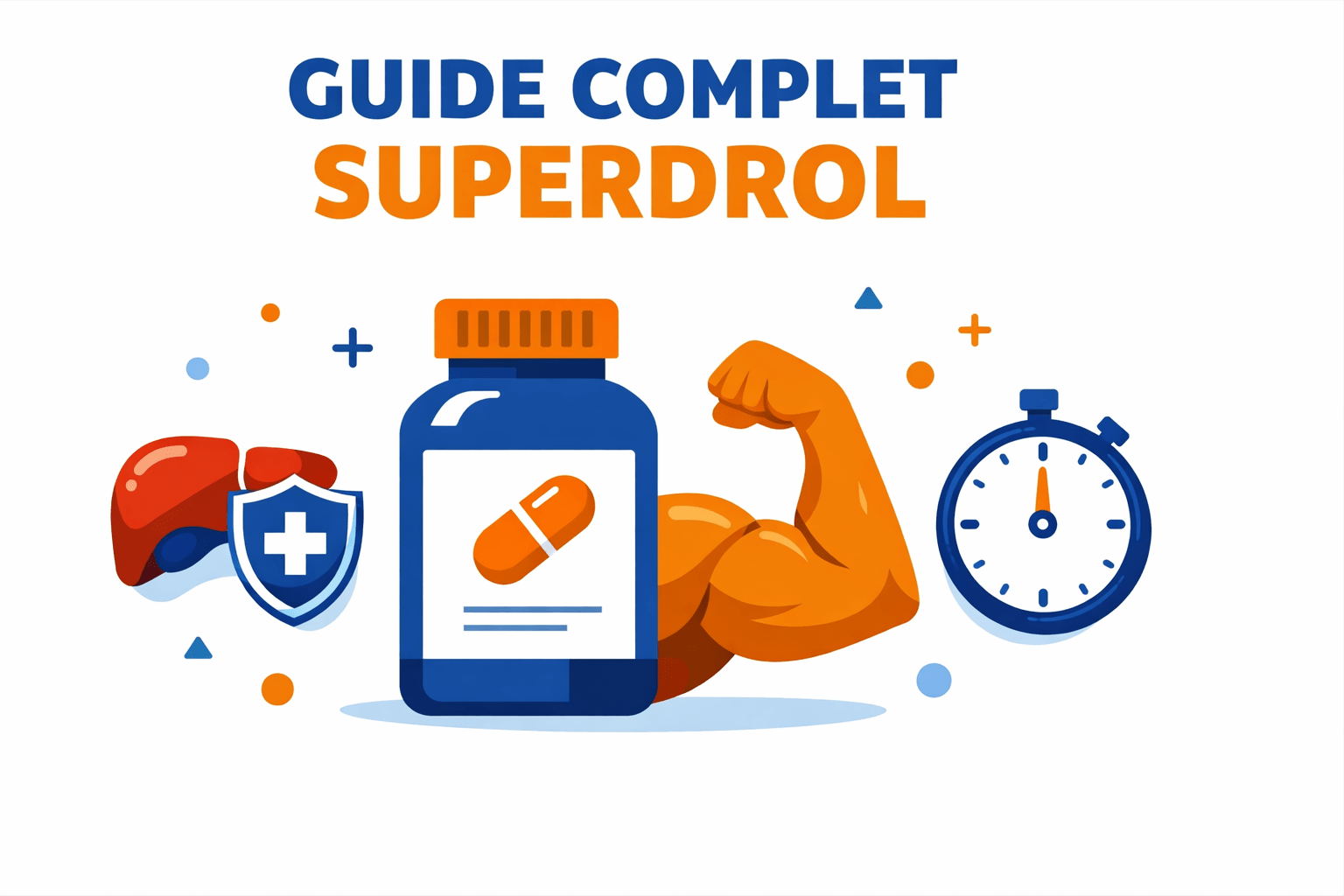 Illustration vectorielle d'un guide sur le Superdrol montrant des icônes de santé hépatique et de développement musculaire.