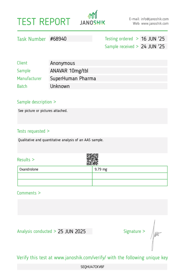 Ceci est un test de laboratoire de l'Anavar (Oxandrolone) fabriqué par Superhuman Pharma
