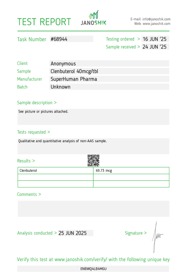 Ceci est un test de laboratoire du Clenbutérol fabriqué par Superhuman Pharma