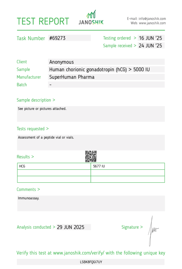Ceci est un test de laboratoire de l’HCG 5000 fabriqué par Superhuman Pharma