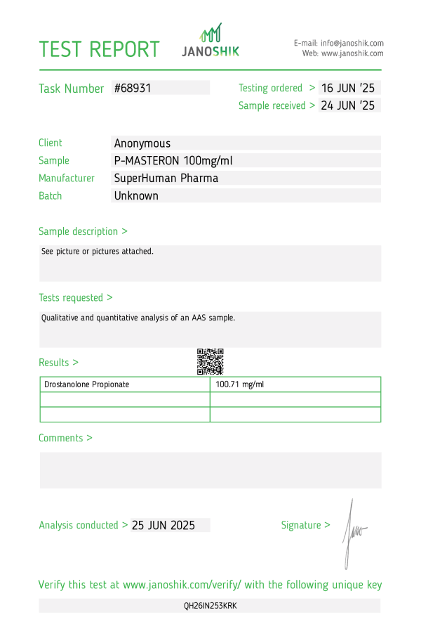 Ceci est un test en laboratoire du Masteron fabriqué par Superhuman Pharma