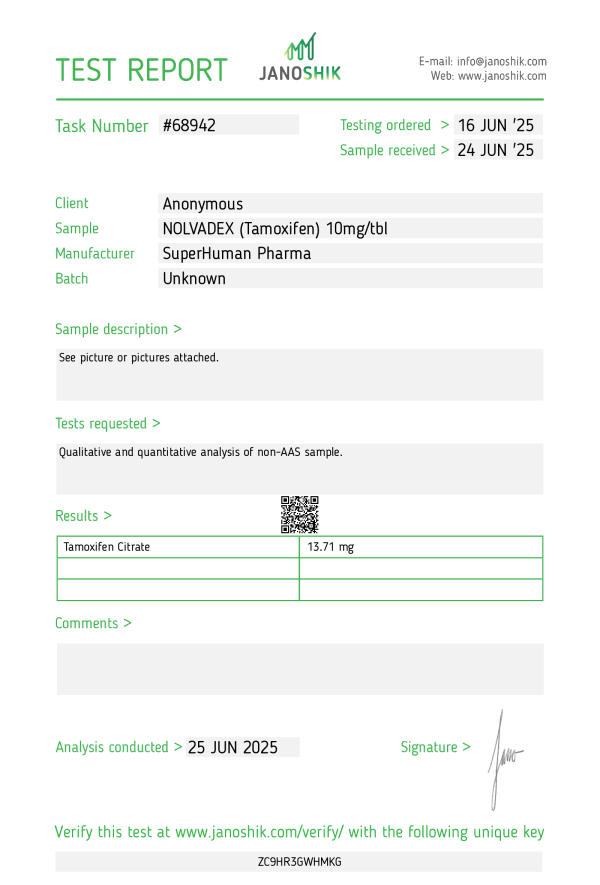 Ceci est un test de laboratoire du Nolvadex (Tamoxifène) fabriqué par Superhuman Pharma