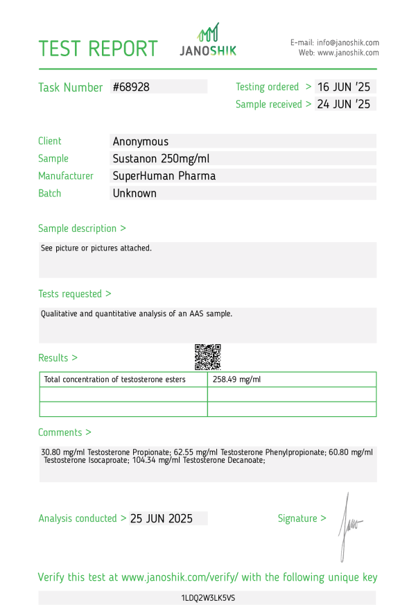 Analyse en conditions de laboratoire du Sustanon produit par Superhuman pharma