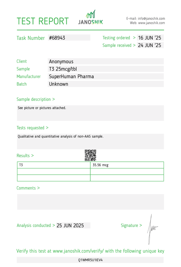 Ceci est un test de laboratoire de la T3 fabriquée par Superhuman Pharma