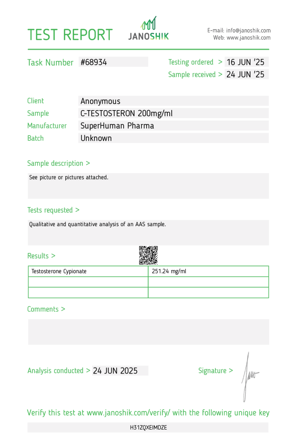 Ceci est un test de laboratoire du cypionate de testostérone fabriqué par Superhuman Pharma