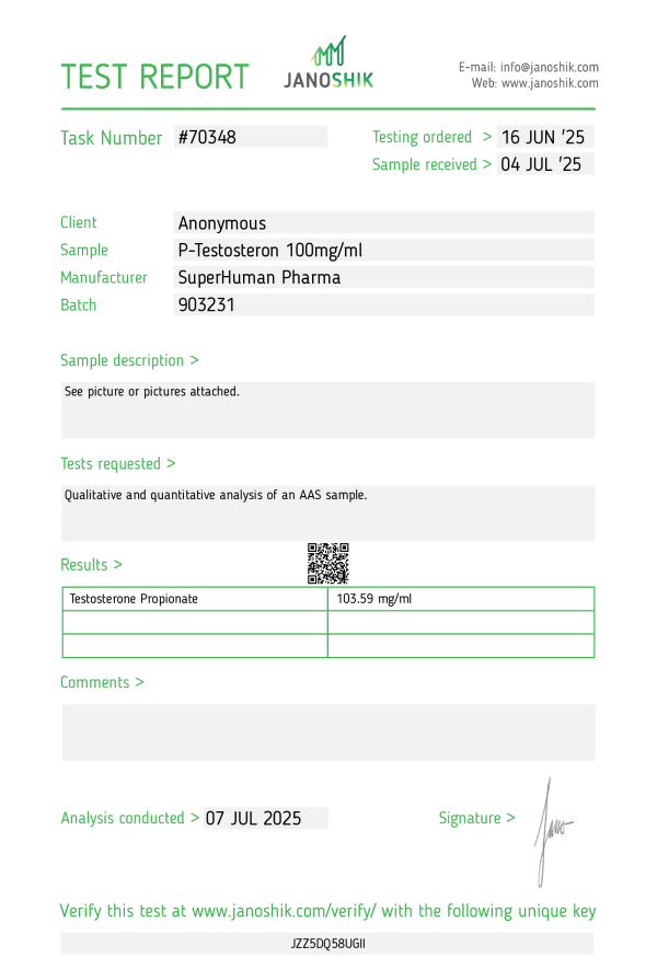 Analyse en laboratoire de la Testostérone Propionate de Superhuman Pharma, vérification de la pureté et de la qualité du produit