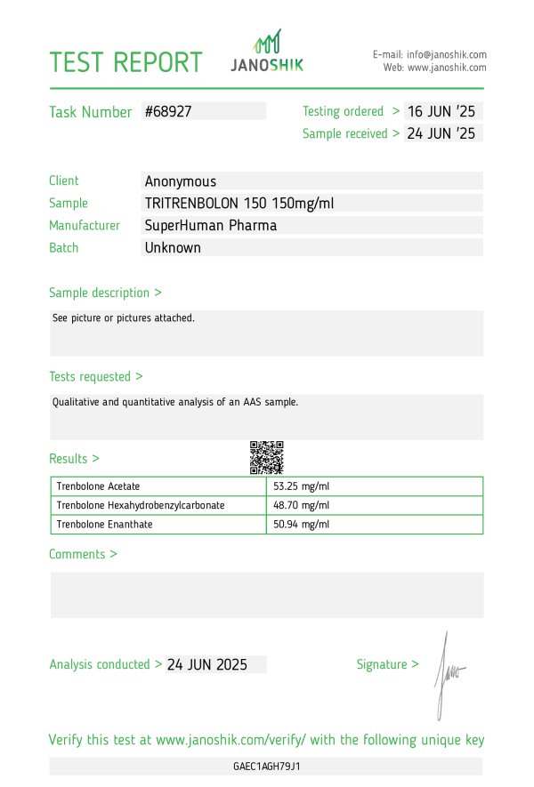 Ceci est un test de laboratoire du TriTrenbolone fabriqué par Superhuman Pharma