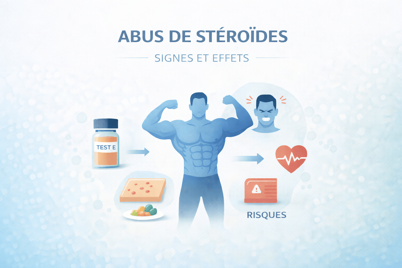 Illustration vectorielle sur les signes d’abus de stéroïdes avec silhouette masculine, flacon TEST E et effets secondaires visibles