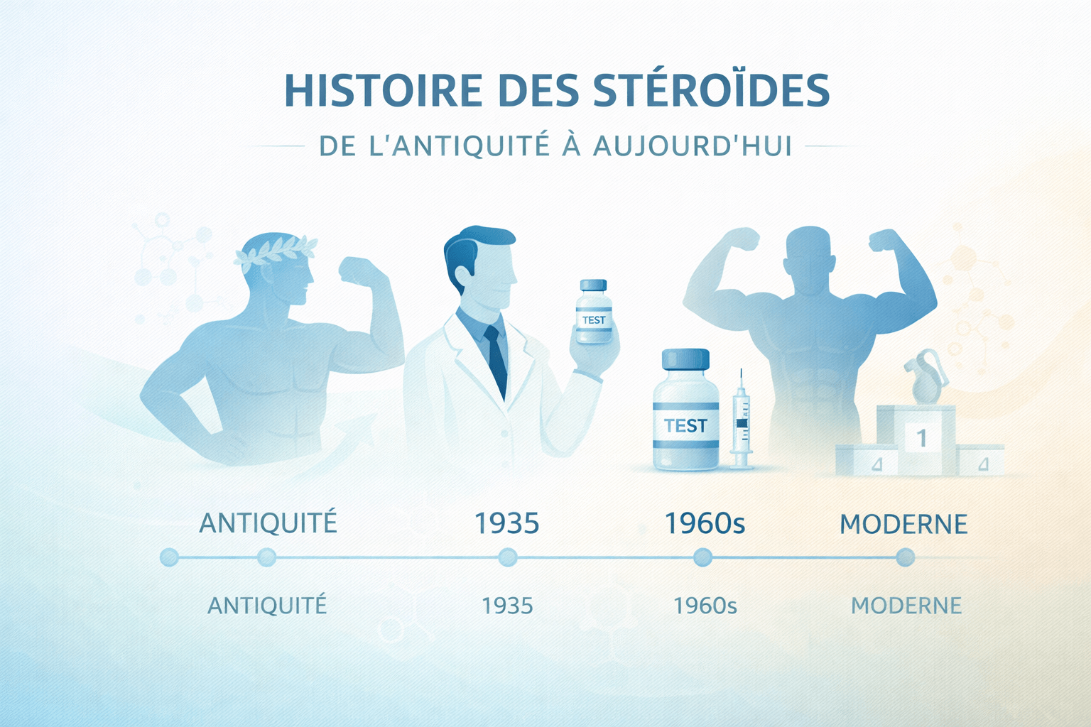 Illustration vectorielle sur l’histoire des stéroïdes anabolisants avec frise chronologique de l’Antiquité à l’ère moderne