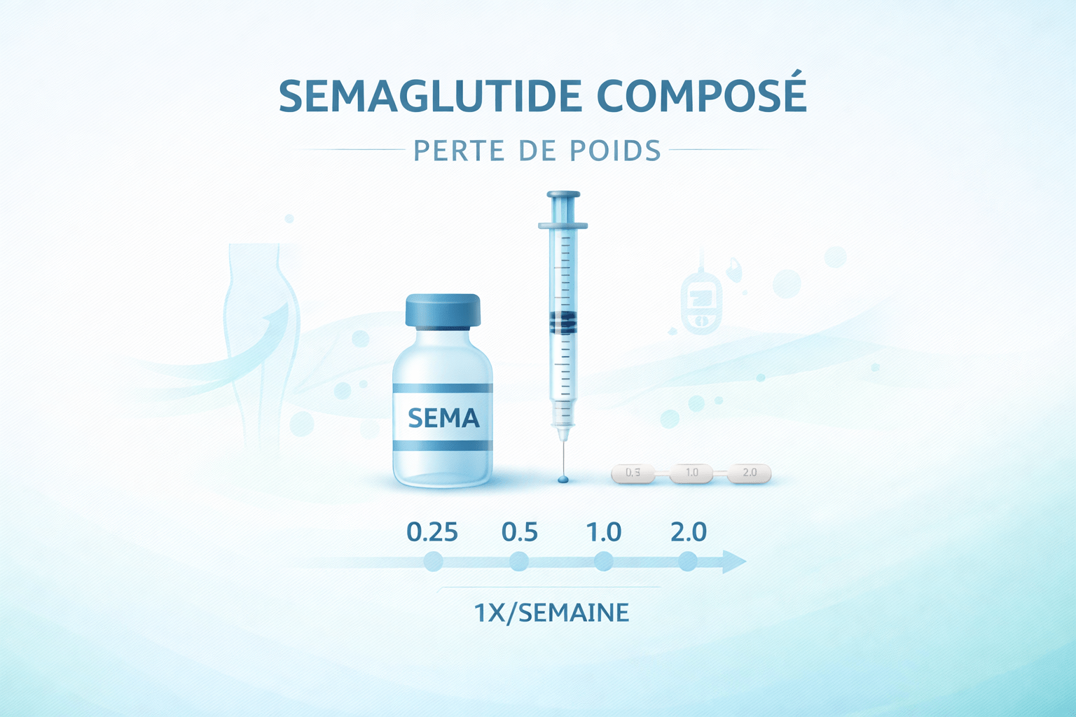 Illustration vectorielle du semaglutide composé avec flacon, seringue et progression de dosage pour la perte de poids