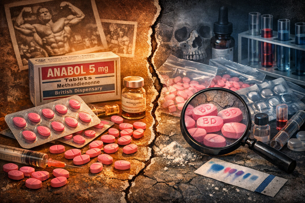 Tablettes Anabol 5 mg authentiques de British Dispensary à gauche, comprimés contrefaits et danger à droite, illustrant le contraste entre vrai et faux produit.