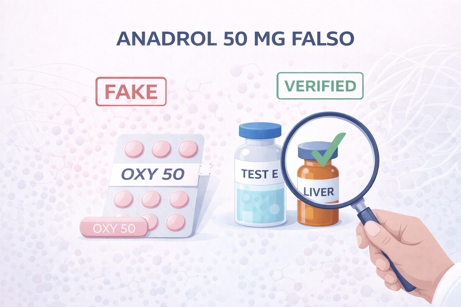 Illustration vectorielle comparant l’Androlic 50 mg British Dispensary original aujourd’hui disparu à de fausses pilules roses modernes avec icônes d’alerte et de test laboratoire.