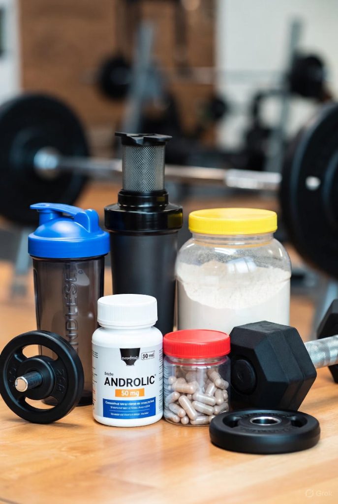 Flacon d’Androlic 50 mg avec compléments, shaker et haltères en salle de sport