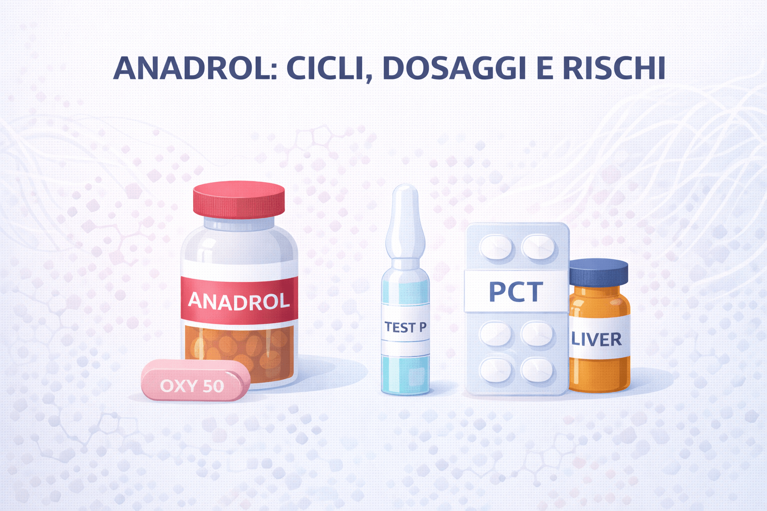 Illustration vectorielle en style Corporate Memphis montrant Anadrol avec niveaux de dosage, stacks courants comme Test E et Deca, et icônes de support du cycle et de surveillance biologique.