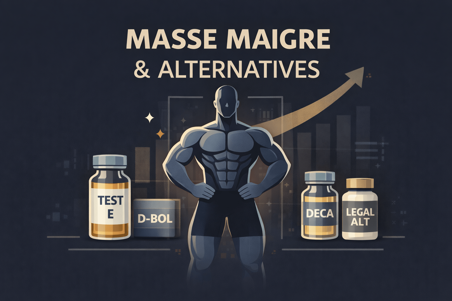 Illustration vectorielle montrant un athlète musclé, des vials marqués TEST E, D-BOL et DECA, ainsi qu’un flacon d’alternative légale pour représenter la prise de masse maigre