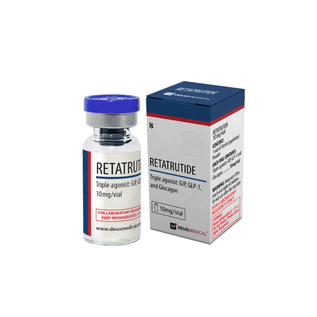 Retatrutide 10 mg Deus Medical – 1 flacon Agoniste triple des récepteurs GIP/GLP-1/glucagon pour une réduction maximale de l'appétit, une baisse de la glycémie et une accélération de la perte de graisse – une fois par semaine par voie sous-cutanée, cure de 4 à 8 semaines