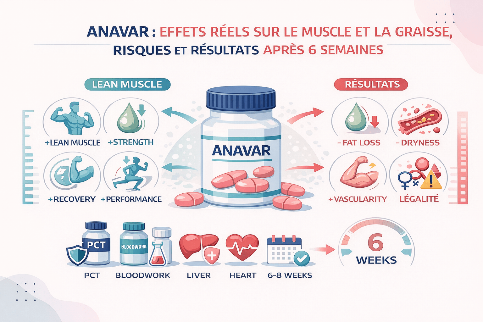 Illustration vectorielle en style Corporate Memphis montrant Anavar, ses effets sur le muscle maigre et la perte de graisse, ainsi que les risques et résultats attendus après six semaines.