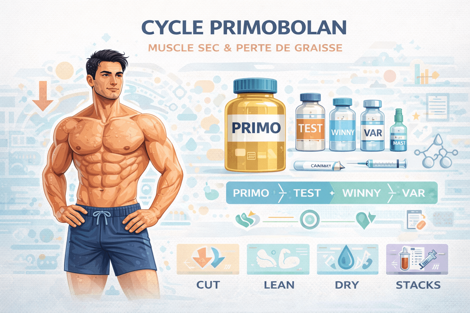 Illustration vectorielle Corporate Memphis d’un cycle Primobolan avec stacks PRIMO, TEST, WINNY, VAR et MAST pour muscle sec et définition.