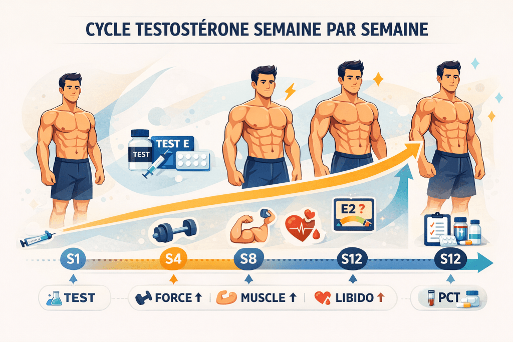 Illustration vectorielle montrant la progression semaine par semaine d’un cycle de testostérone de la semaine 1 à la semaine 12 avec gains musculaires et suivi hormonal