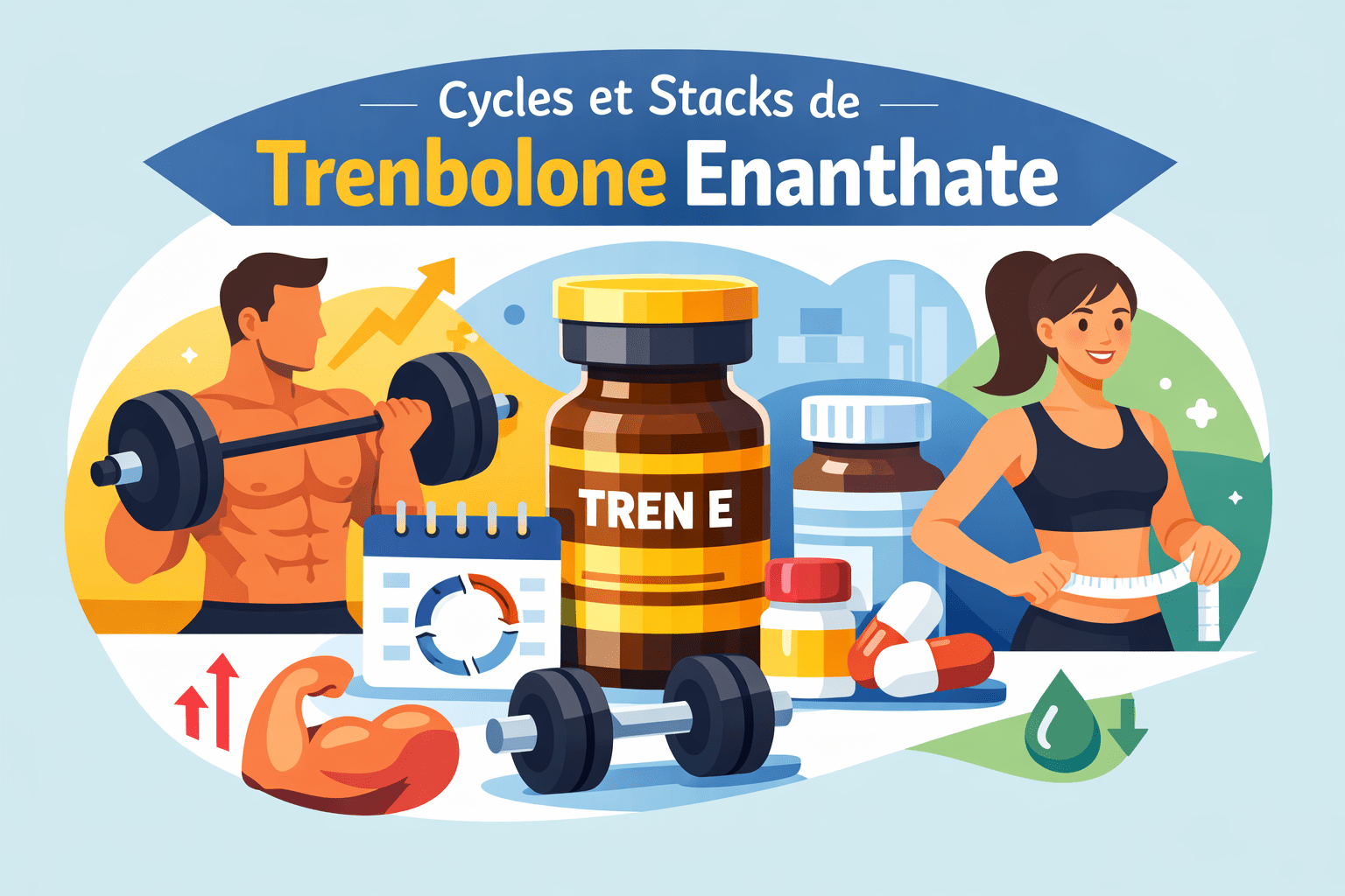 Illustration vectorielle d’un bodybuilder très sec avec flacons TREN E, TEST E et MAST pour représenter les cycles et stacks de Trenbolone Enanthate