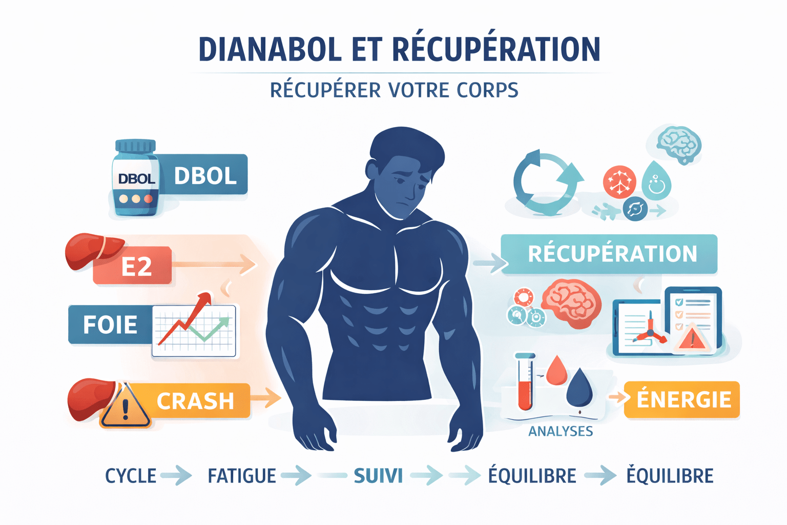 Homepage Illustration vectorielle Corporate Memphis montrant la récupération post-cycle après Dianabol, avec suppression hormonale, stress hépatique, traitement PCT et retour progressif à l’équilibre hormonal.