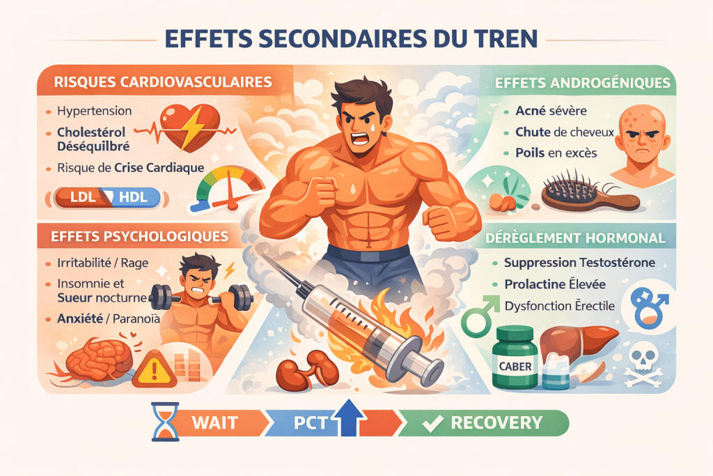 Illustration vectorielle montrant un bodybuilder sous Trenbolone avec des icônes de risques cardiovasculaires, hormonaux, psychologiques et de troubles du sommeil