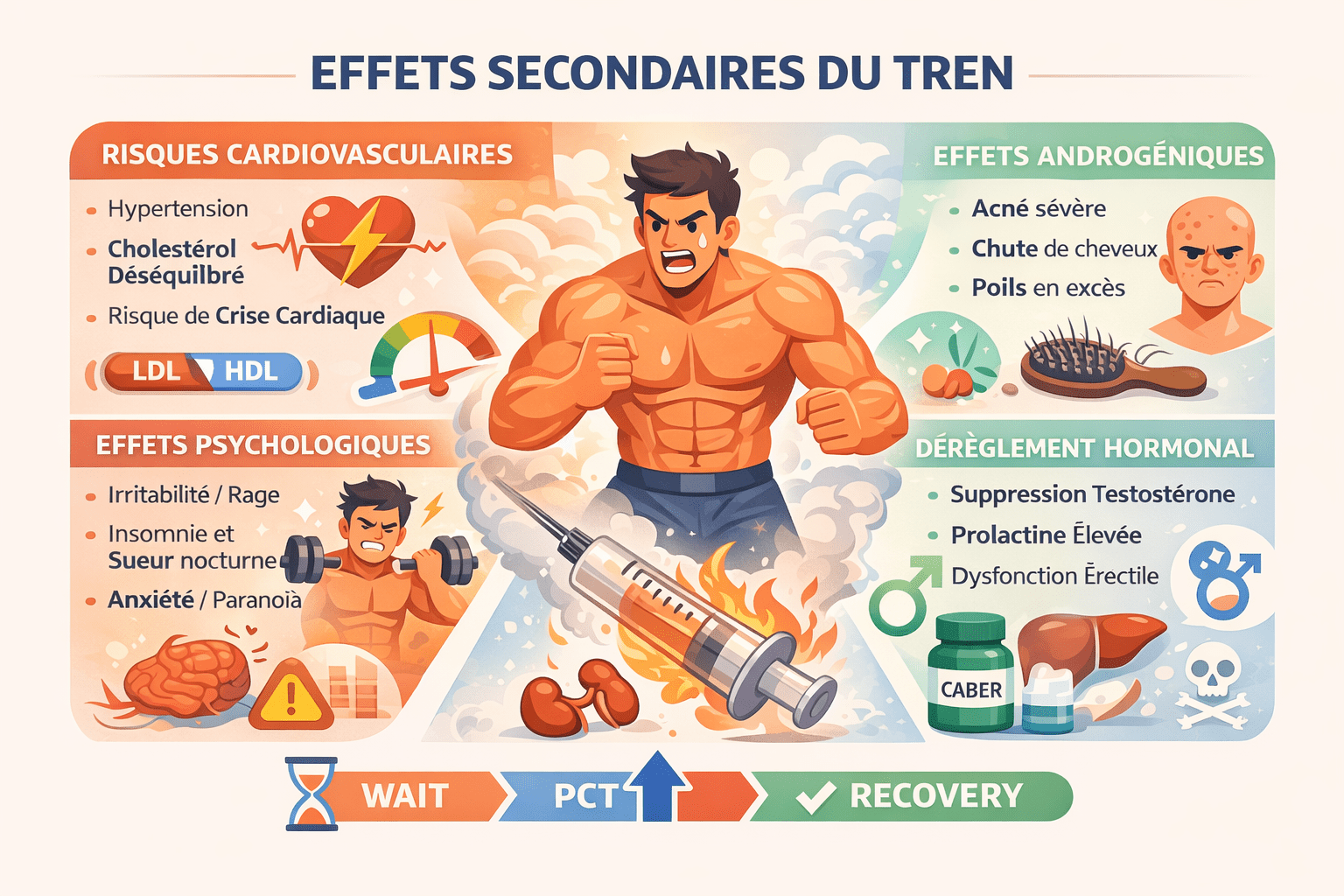 Illustration vectorielle montrant un bodybuilder sous Trenbolone avec des icônes de risques cardiovasculaires, hormonaux, psychologiques et de troubles du sommeil