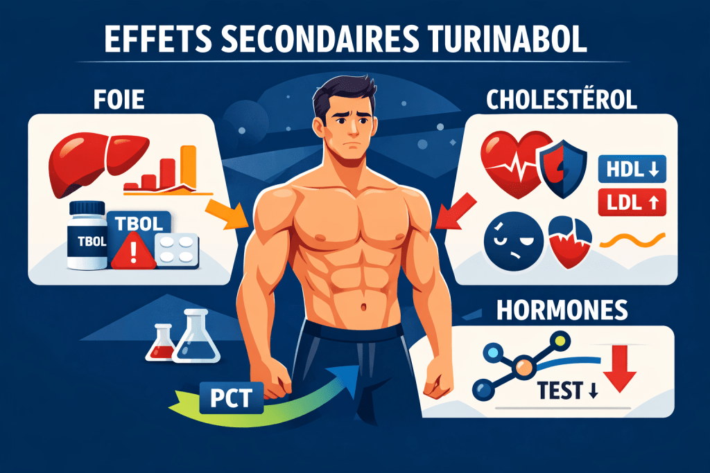 Illustration vectorielle montrant les principaux effets secondaires du Turinabol avec stress hépatique, cholestérol perturbé et suppression hormonale