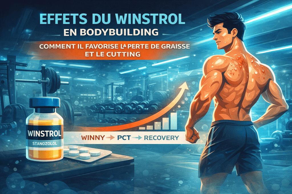 Illustration vectorielle montrant un bodybuilder sec et vascularisé avec effet de perte de graisse et définition musculaire associés au Winstrol pendant une phase de cutting