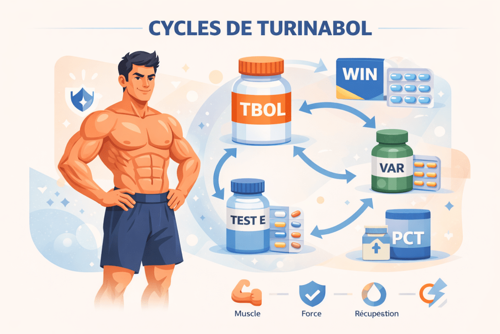 Illustration vectorielle montrant un cycle de Turinabol avec TBOL, TEST E, WIN, VAR et PCT dans un design Corporate Memphis orienté bodybuilding