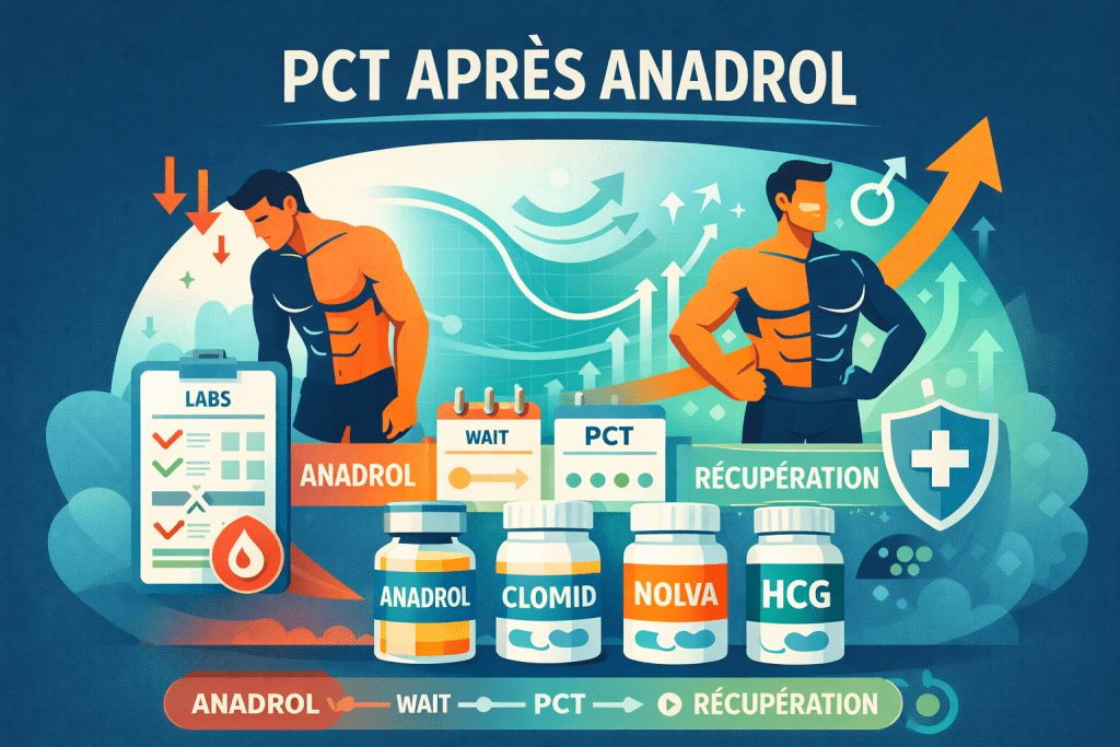 Illustration vectorielle montrant la récupération post-cycle après Anadrol avec Clomid, Nolva, hCG et analyses sanguines pour relancer la testostérone naturelle