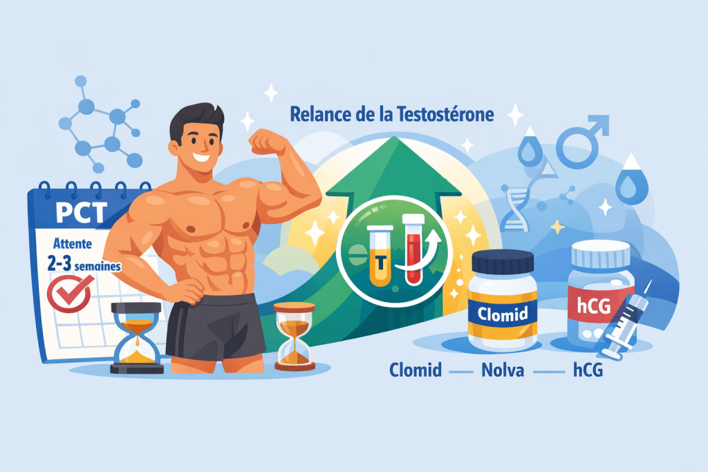 Illustration vectorielle montrant la PCT après Trenbolone Enanthate avec Clomid, Nolva et HCG pour symboliser le redémarrage naturel de la testostérone