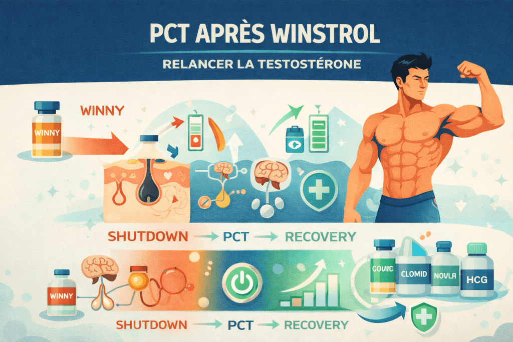 Illustration vectorielle montrant la récupération hormonale après Winstrol avec Clomid, Nolva et HCG pour symboliser la relance naturelle de la testostérone