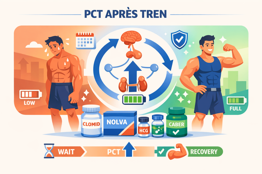 Illustration vectorielle montrant la PCT après Trenbolone avec Clomid, Nolva et HCG pour symboliser la récupération hormonale et le retour naturel de la testostérone