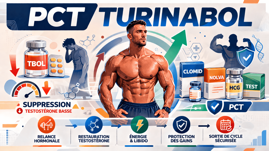 Illustration vectorielle montrant la récupération hormonale après un cycle de Turinabol avec TBOL, Clomid, Nolva et HCG pour symboliser la relance naturelle de la testostérone