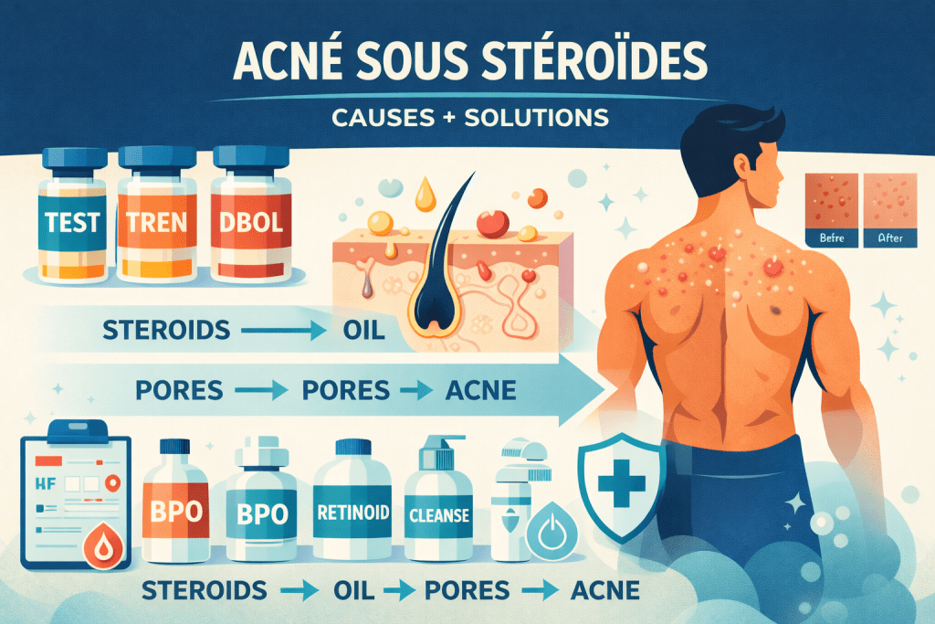 Illustration vectorielle montrant un bodybuilder avec acné induite par les stéroïdes sur le dos, avec causes hormonales et solutions dermatologiques rapides