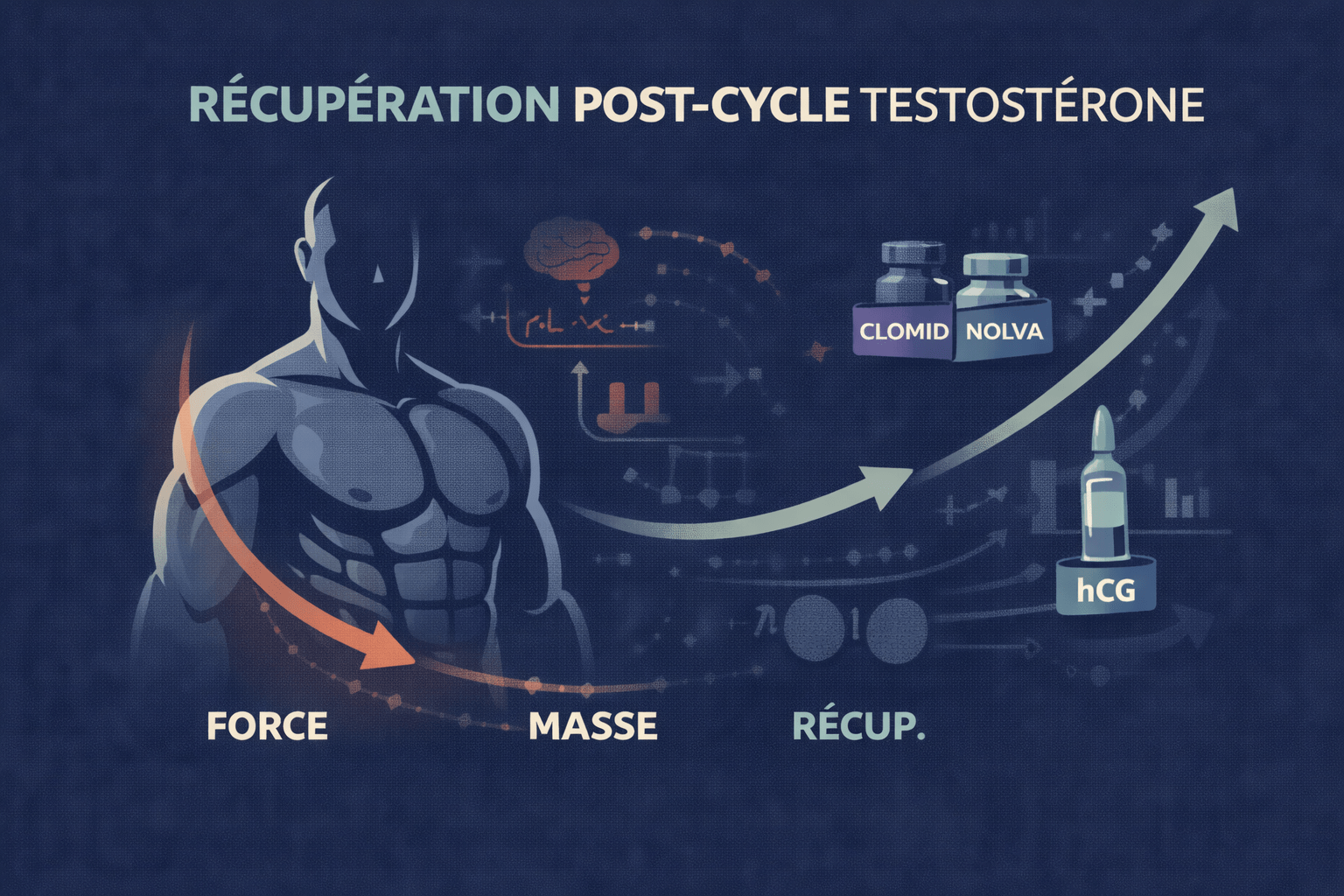 Illustration vectorielle montrant un homme musclé, une courbe hormonale descendante, un axe HPG supprimé et des éléments de PCT symbolisant la récupération après un cycle de testostérone