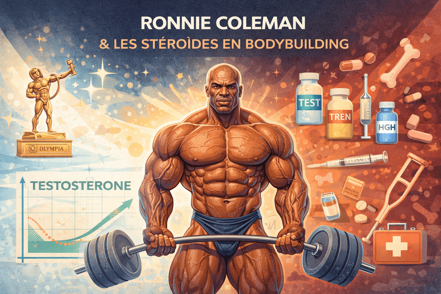 Illustration vectorielle Corporate Memphis de Ronnie Coleman en bodybuilder légendaire avec trophée, barre lourde, symboles PED et coût physique à long terme.