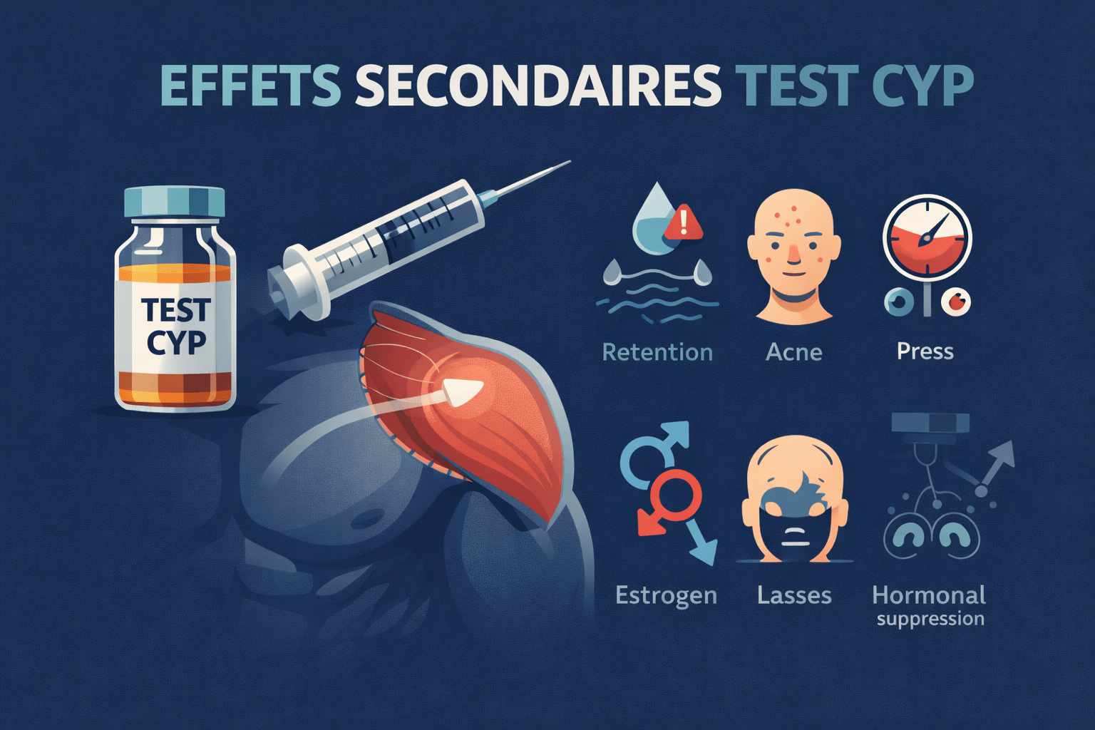 Illustration vectorielle montrant une fiole de testostérone cypionate, une seringue et des repères visuels représentant les effets secondaires hormonaux et cardiovasculaires après injection
