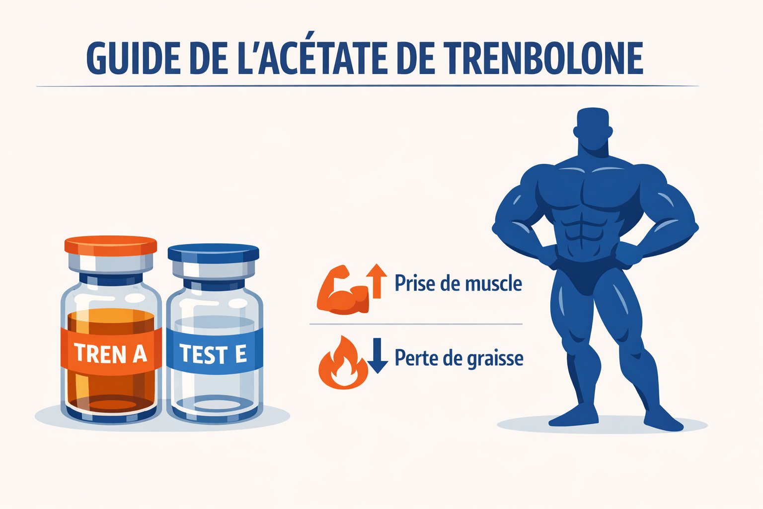 Illustration vectorielle plate montrant un pack de cycle de musculation avec des flacons étiquetés TREN A et TEST E, incluant des icônes d'hypertrophie musculaire et de perte de graisse dans le style Corporate Memphis.