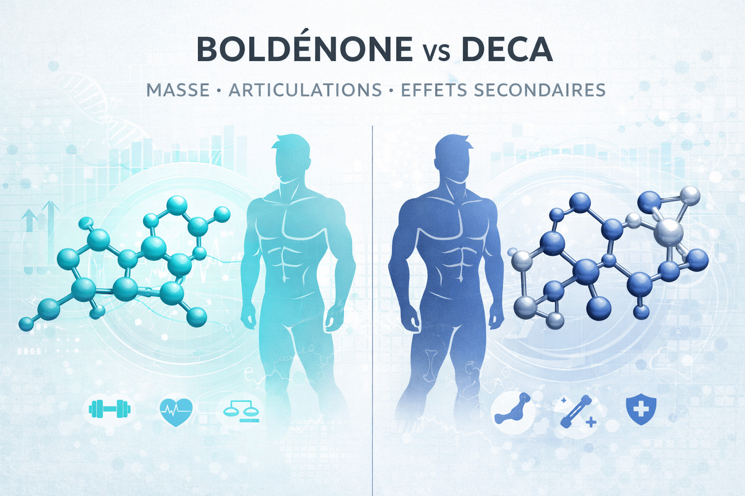 Illustration vectorielle comparative de la boldénone et du Deca Durabolin avec silhouettes athlétiques, structures moléculaires et repères visuels sur masse musculaire et soutien articulaire