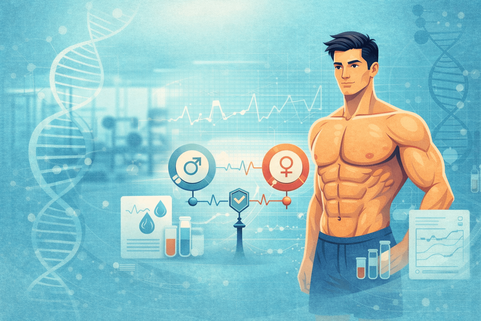 Illustration vectorielle d’un homme athlétique avec ADN bleu translucide et éléments de suivi hormonal pour un article éducatif sur un cycle débutant à la testostérone