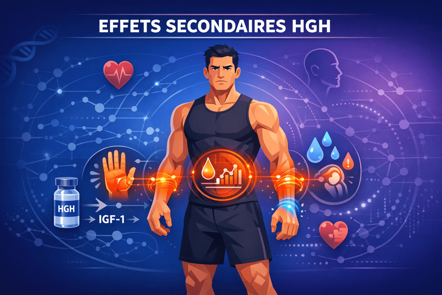 Illustration vectorielle médicale montrant les effets secondaires de l’HGH en musculation avec syndrome du canal carpien, résistance à l’insuline, rétention d’eau et douleurs articulaires.