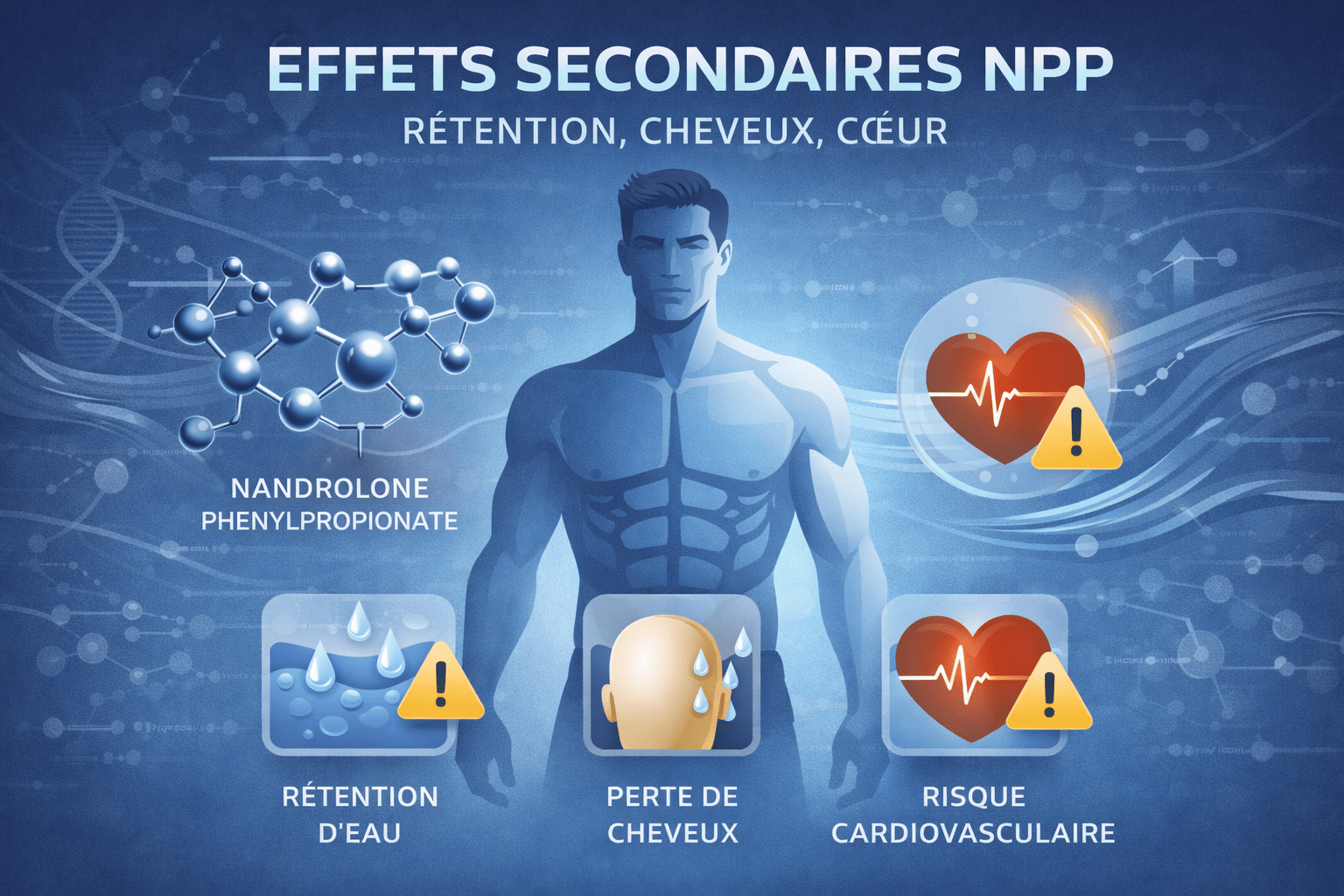 Illustration vectorielle médicale montrant les principaux effets secondaires du NPP, notamment la rétention d’eau, la perte de cheveux et le risque cardiovasculaire autour d’une silhouette masculine athlétique.